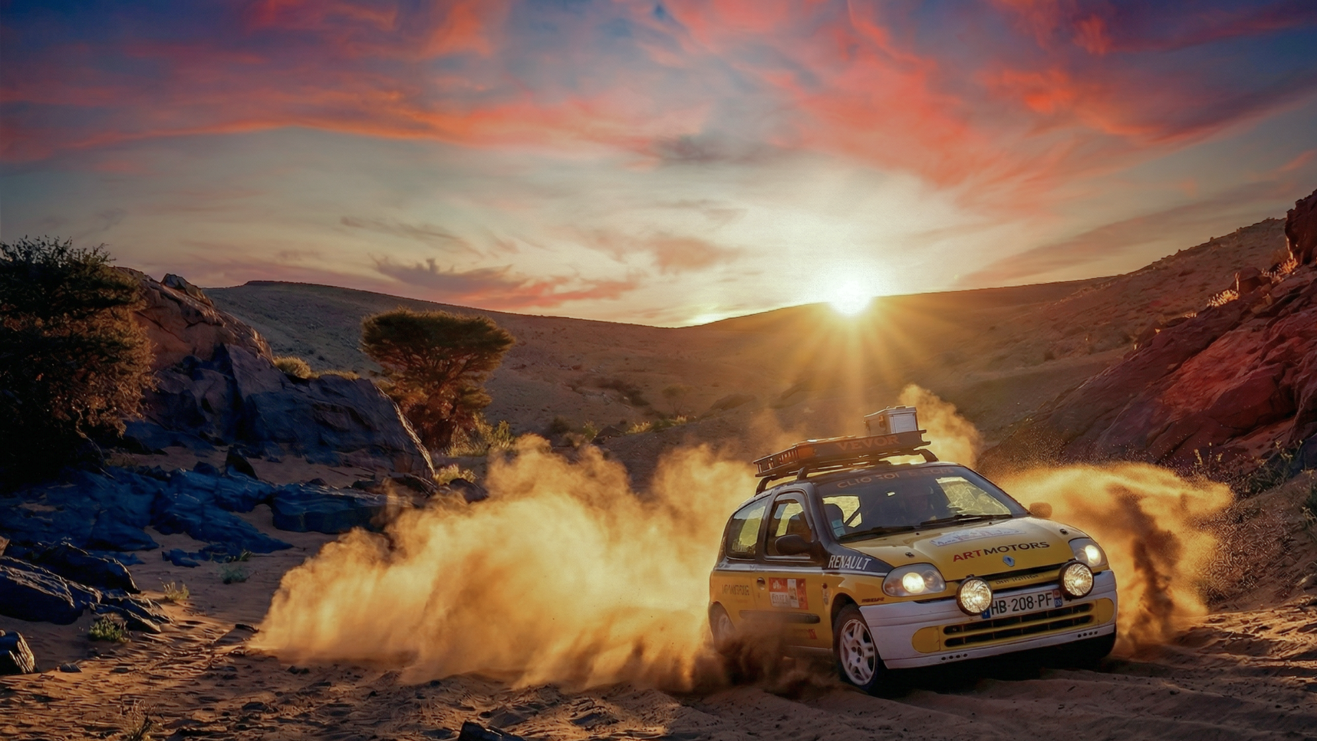 Clio jaune dans le désert au coucher du soleil