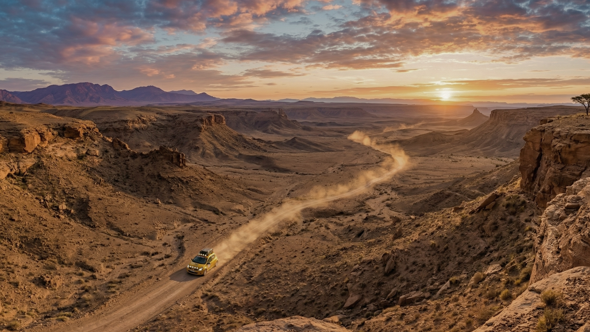 Vue aérienne d'un canyon désertique avec une Clio